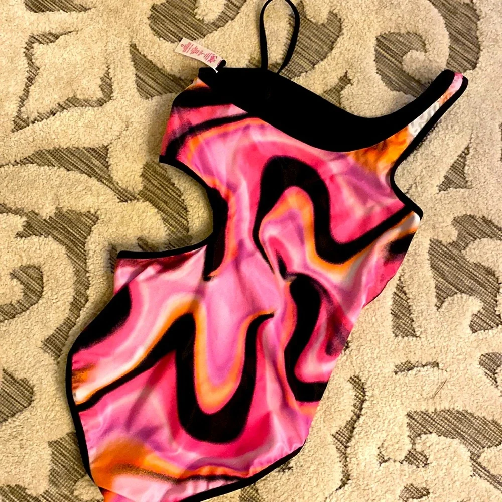 New! Justice marble Swirl Girls One Piece Cut Out REVERSIBLE Swimsuit | Size L
